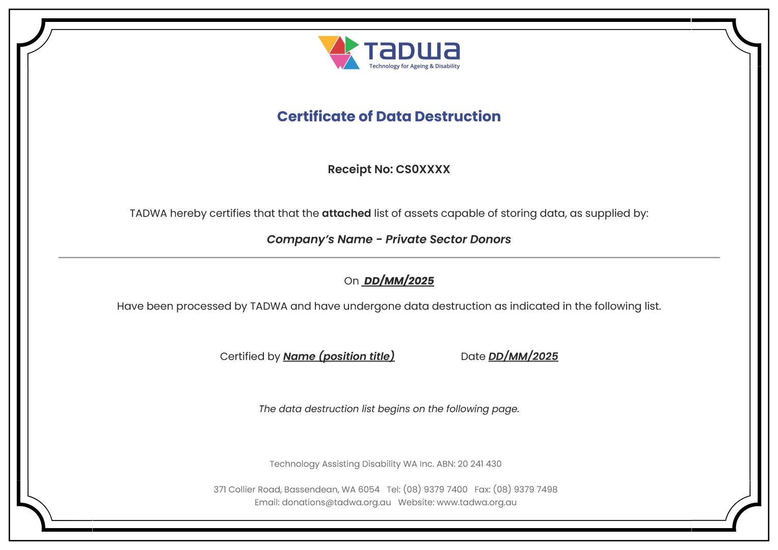 Secure Data Destruction Certificate